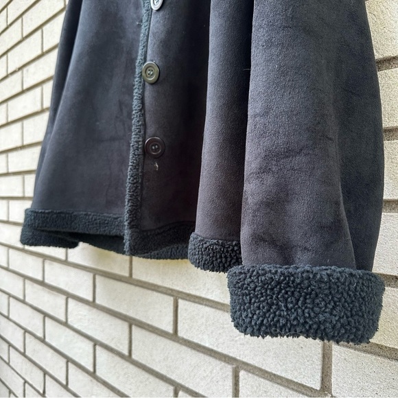Kiko Faux Suede Sherpa Lined Black Jacket Cozy Soft Fleece Button Front Medium - Picture 4 of 9